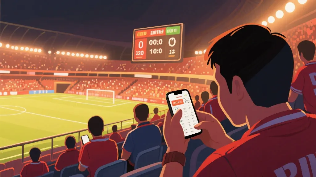 世界杯观赛情景插画：球迷手持笔记对照大屏积分榜与第三名排名